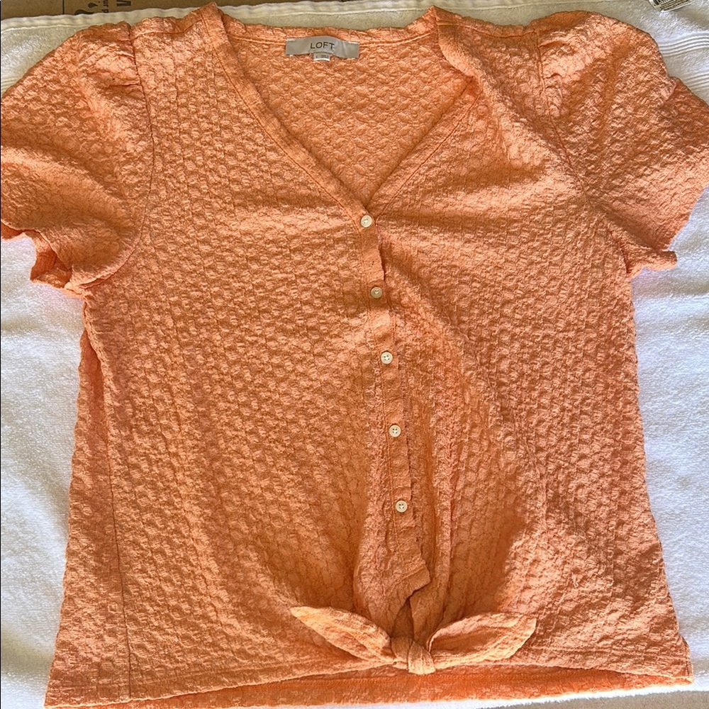LOFT Orange Notched Collar Tie Front Blouse